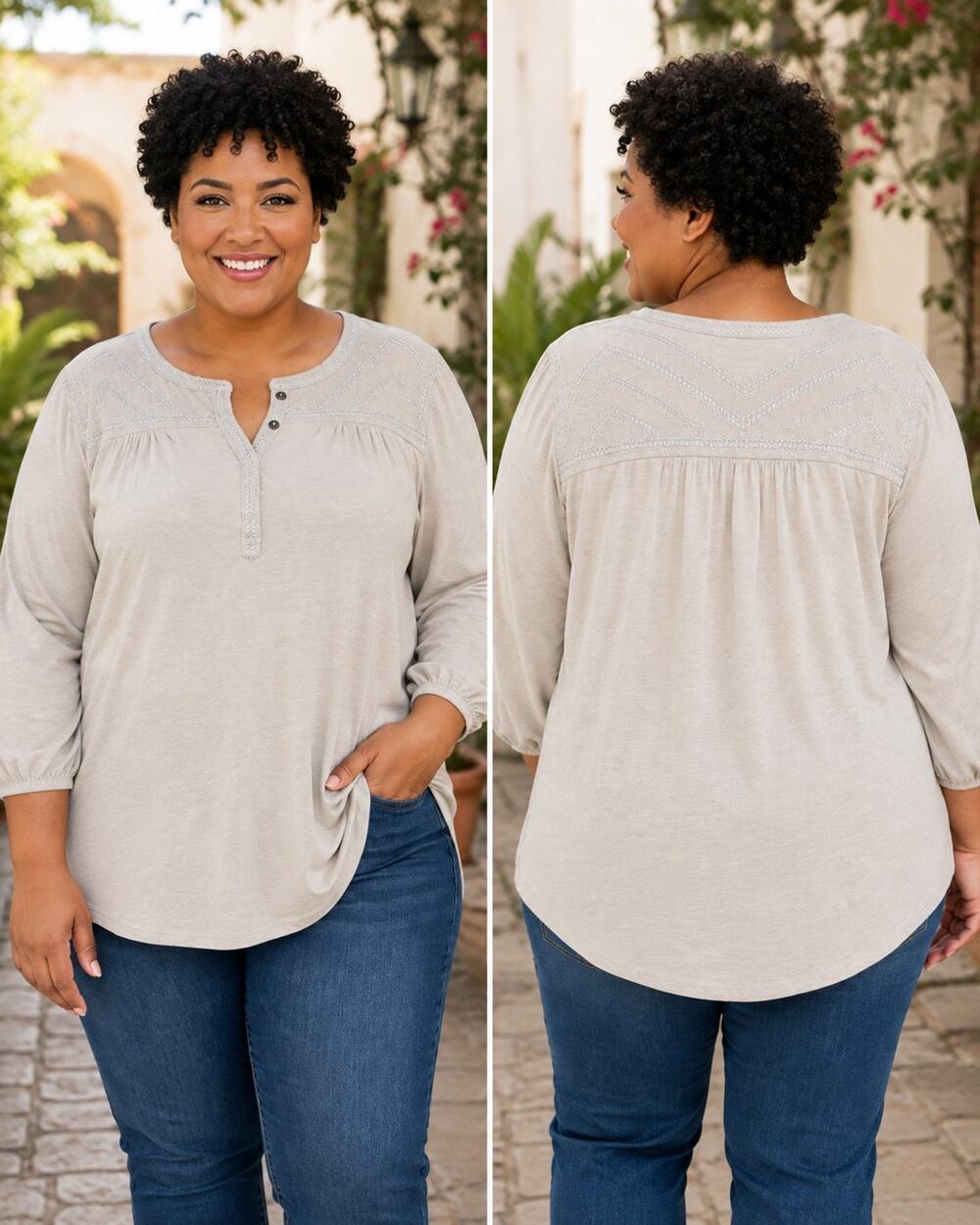 Lucky Brand Embroidered Henley Peasant Tunic Top 3X Beige Boho NWT